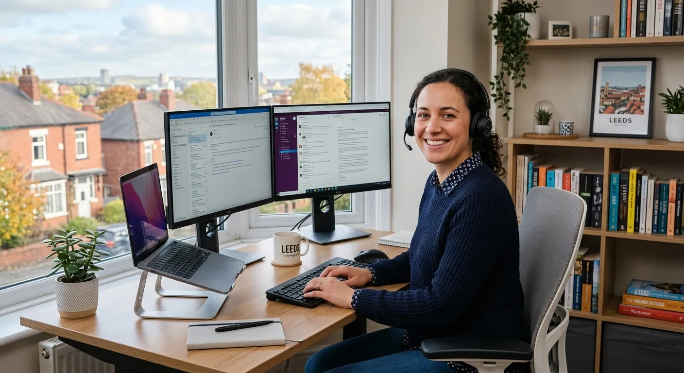 A professional, friendly-looking individual wearing a headset, smiling, working from a modern home office setup in Leeds. The image should convey competence, approachability, and a tech-savvy, remote-work environment.