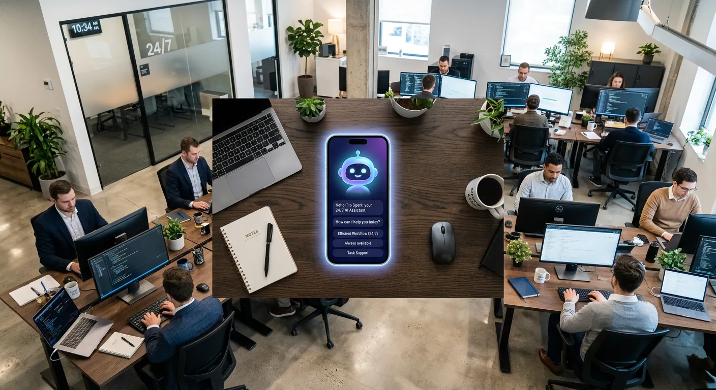 A modern, professional office setting viewed from above, with a glowing phone screen at the center displaying a friendly AI avatar interface. The image should convey efficiency, technology, and 24/7 availability.