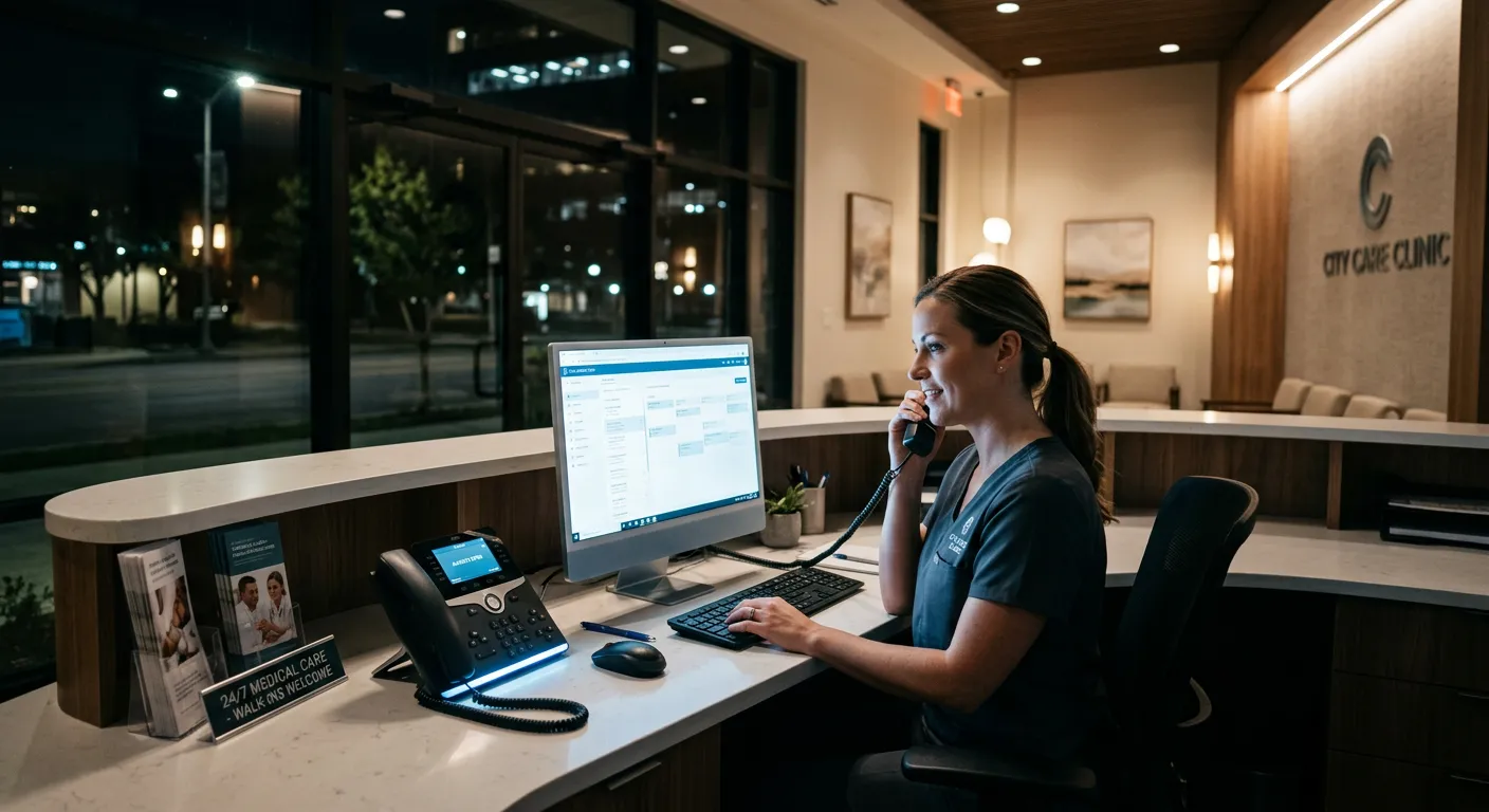 A modern, well-lit medical clinic reception desk at night, with a soft glow from a computer monitor and a phone highlighted. The mood is professional, calm, and trustworthy, emphasizing 24/7 availability.