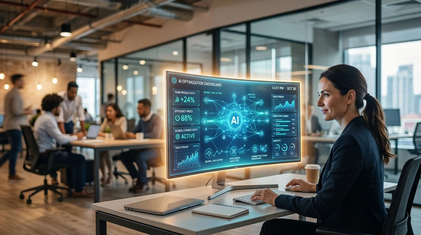 A modern, professional hero image showing a glowing, futuristic AI interface on a screen, seamlessly overlaying a bustling but blurred office environment. The mood is innovative, efficient, and connected.