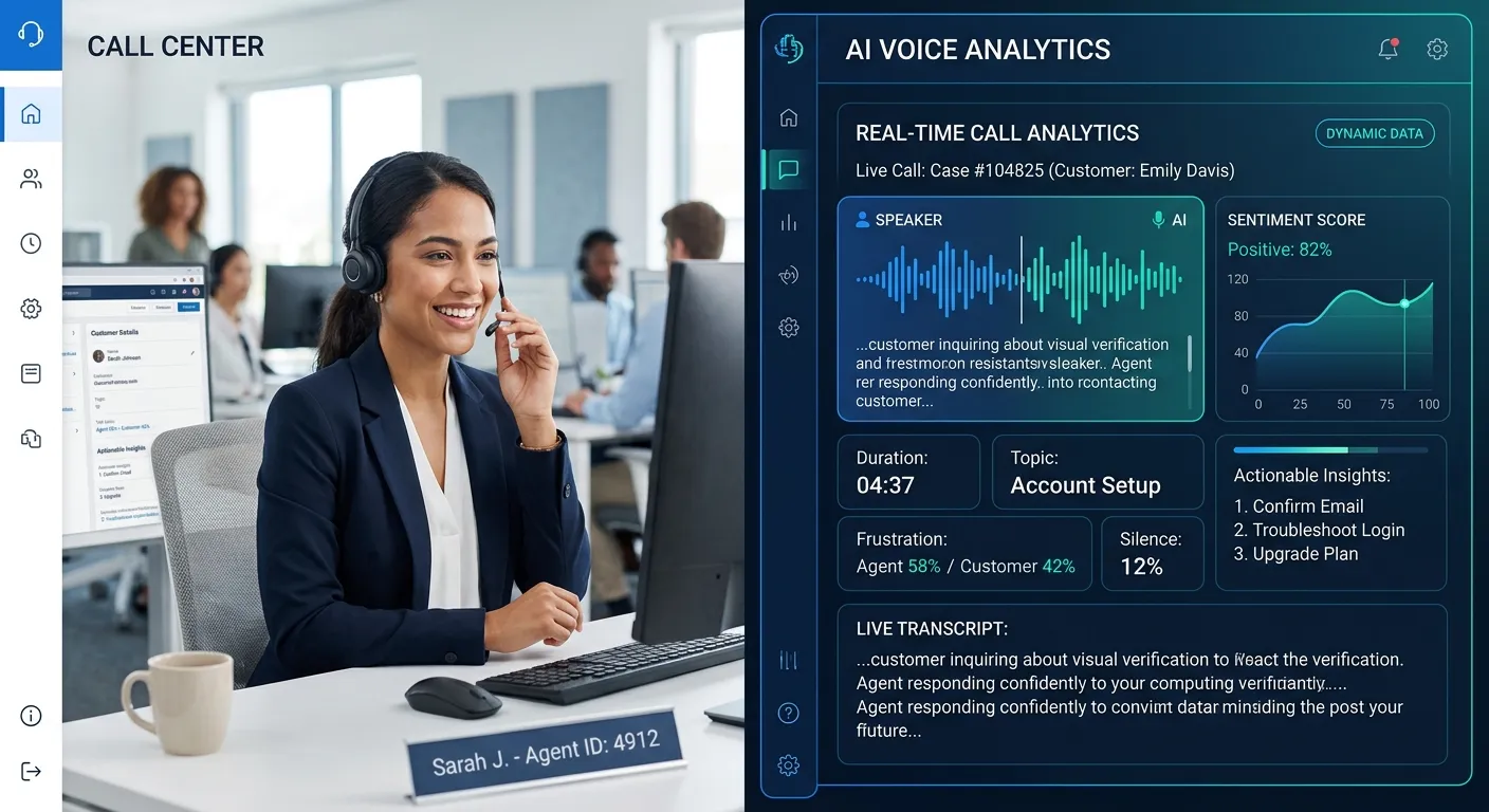 A modern, split-screen visual showing a professional human agent on a headset on the left, and a sleek AI interface with call analytics on the right. Style is professional, tech-forward, with a blue and white color scheme.