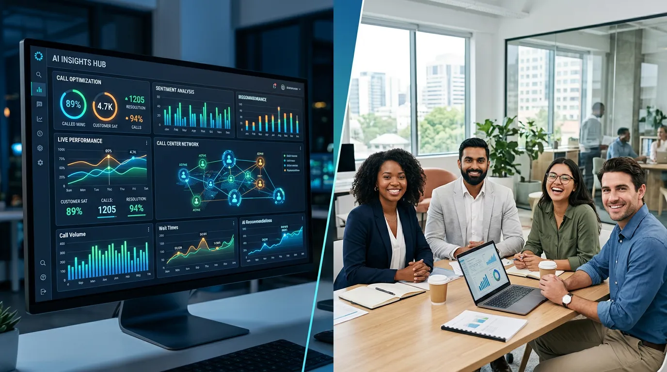 A modern, dynamic hero image showing a split screen: on the left, a sophisticated AI interface with glowing data visualizations and call metrics; on the right, a diverse team of professionals smiling confidently in a bright office setting. Professional, high-tech, and welcoming mood.