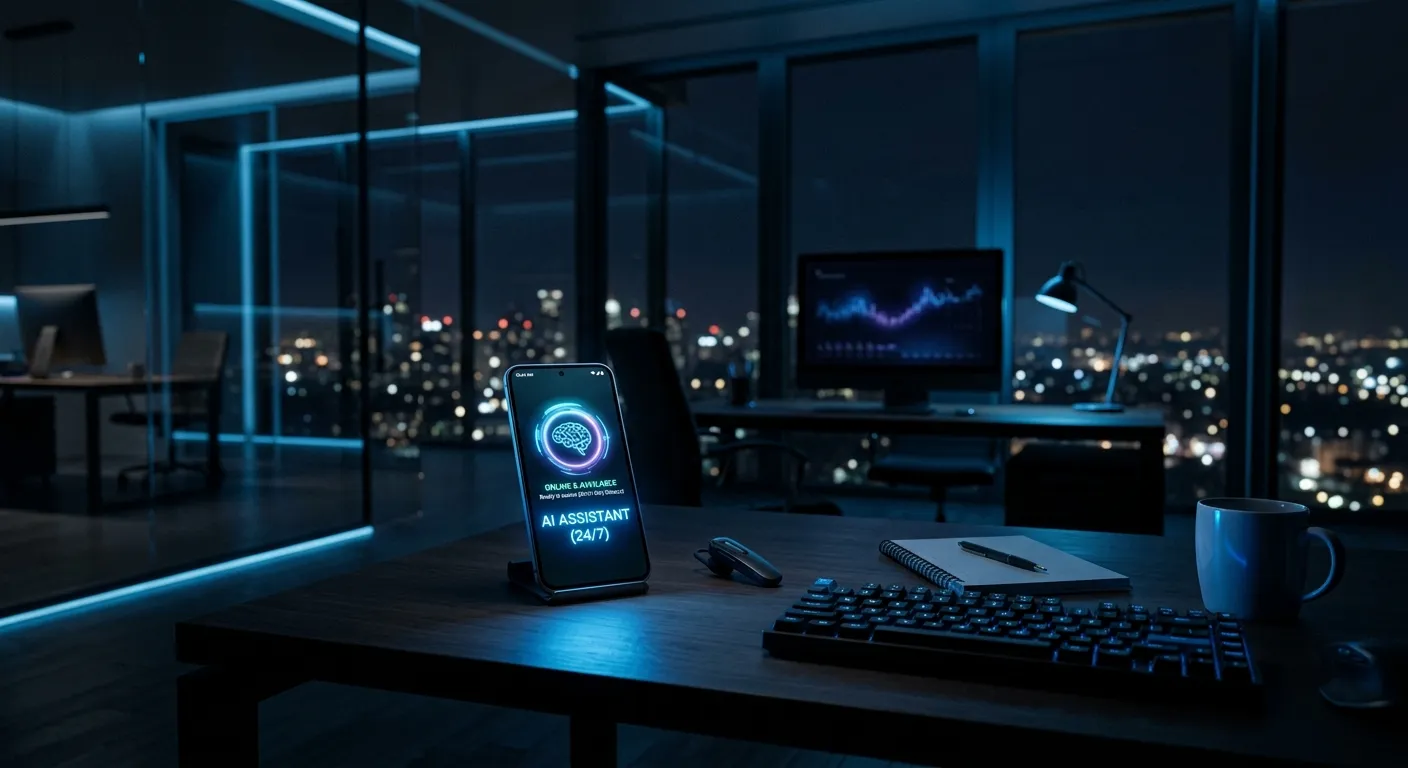 A modern, professional office space at night with a glowing phone screen showing an AI interface, symbolizing 24/7 availability. Moody, dark tones with blue accent lighting.
