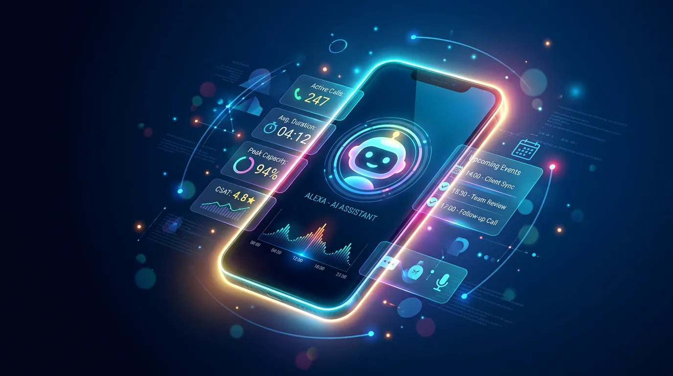 A modern, dynamic hero image showing a glowing smartphone screen floating against a dark blue gradient background. On the phone screen, a friendly, stylized AI avatar icon is visible with call metrics and calendar integrations subtly displayed around it. The mood is professional, futuristic, and technologically advanced.