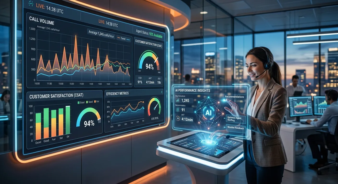 A futuristic, high-tech office dashboard showing glowing analytics graphs for call volume, customer satisfaction, and efficiency metrics, with a sleek AI interface hologram in the foreground. Professional, bright, and optimistic mood.