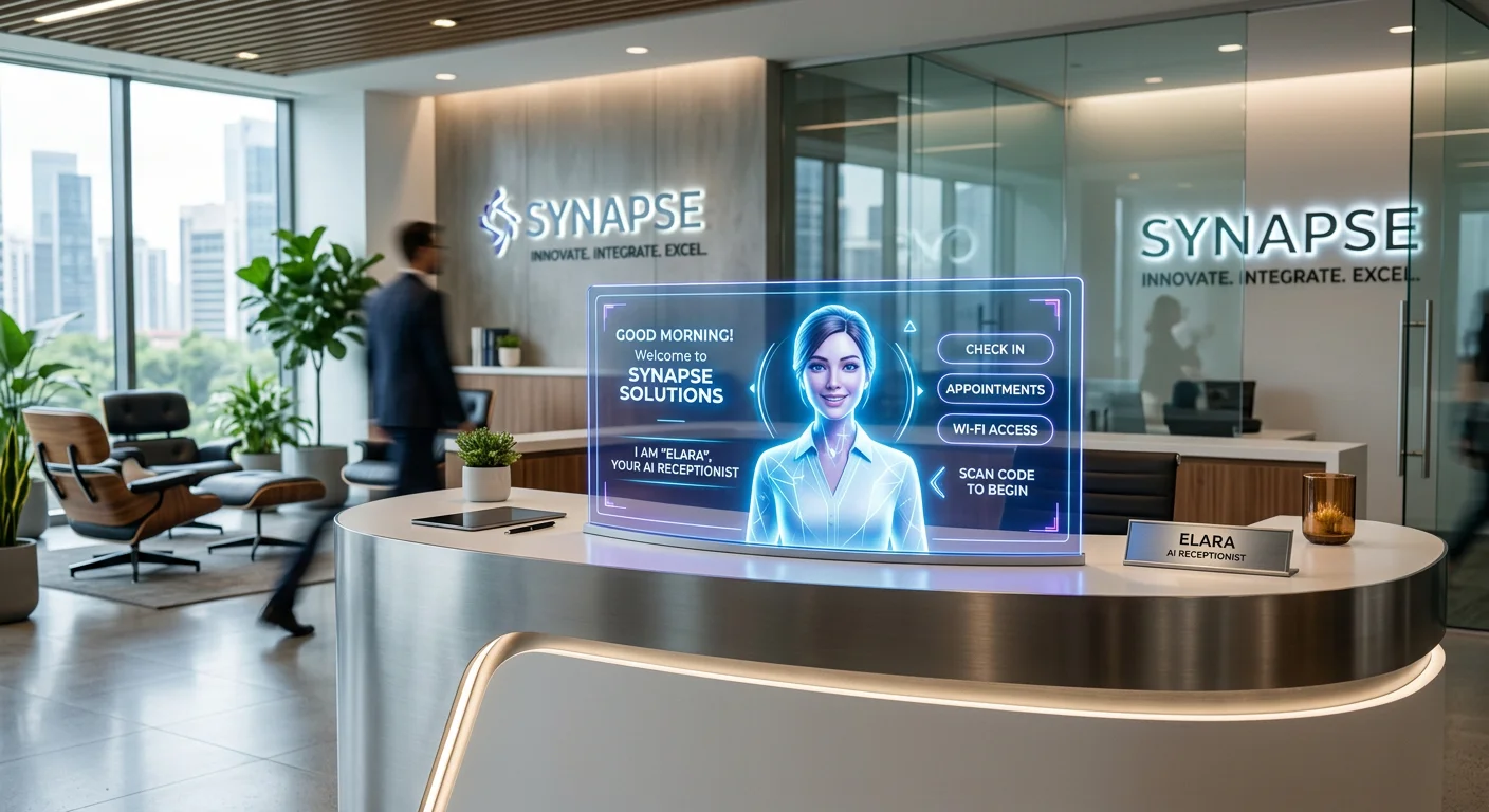 A modern, professional office reception desk with a glowing digital interface displaying an AI avatar, symbolizing seamless integration of AI receptionist technology. Style: Clean, futuristic, and professional. Mood: Innovative and efficient.