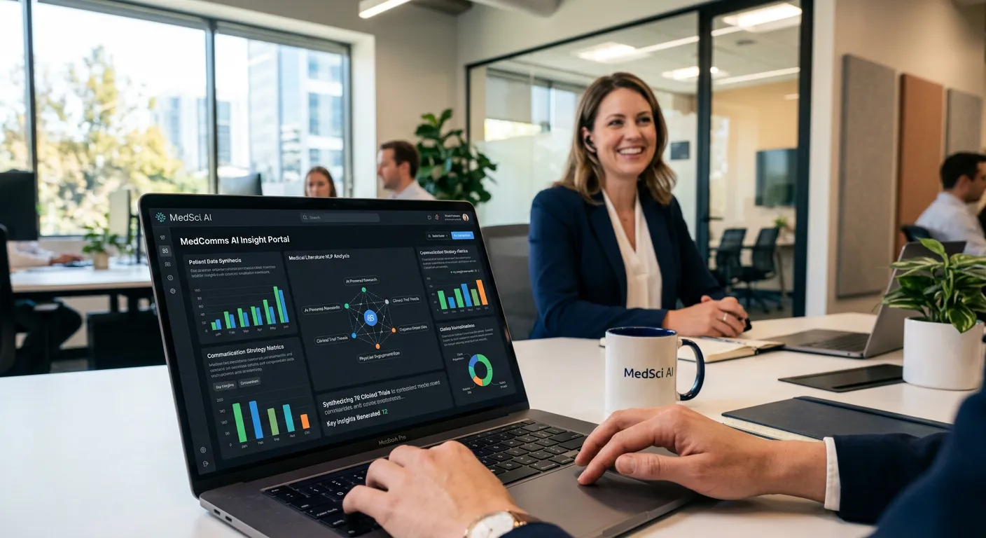 A modern, professional AI interface on a computer screen in a bright, clean office setting, with a person smiling in the background, representing a tech-forward medical communications role.