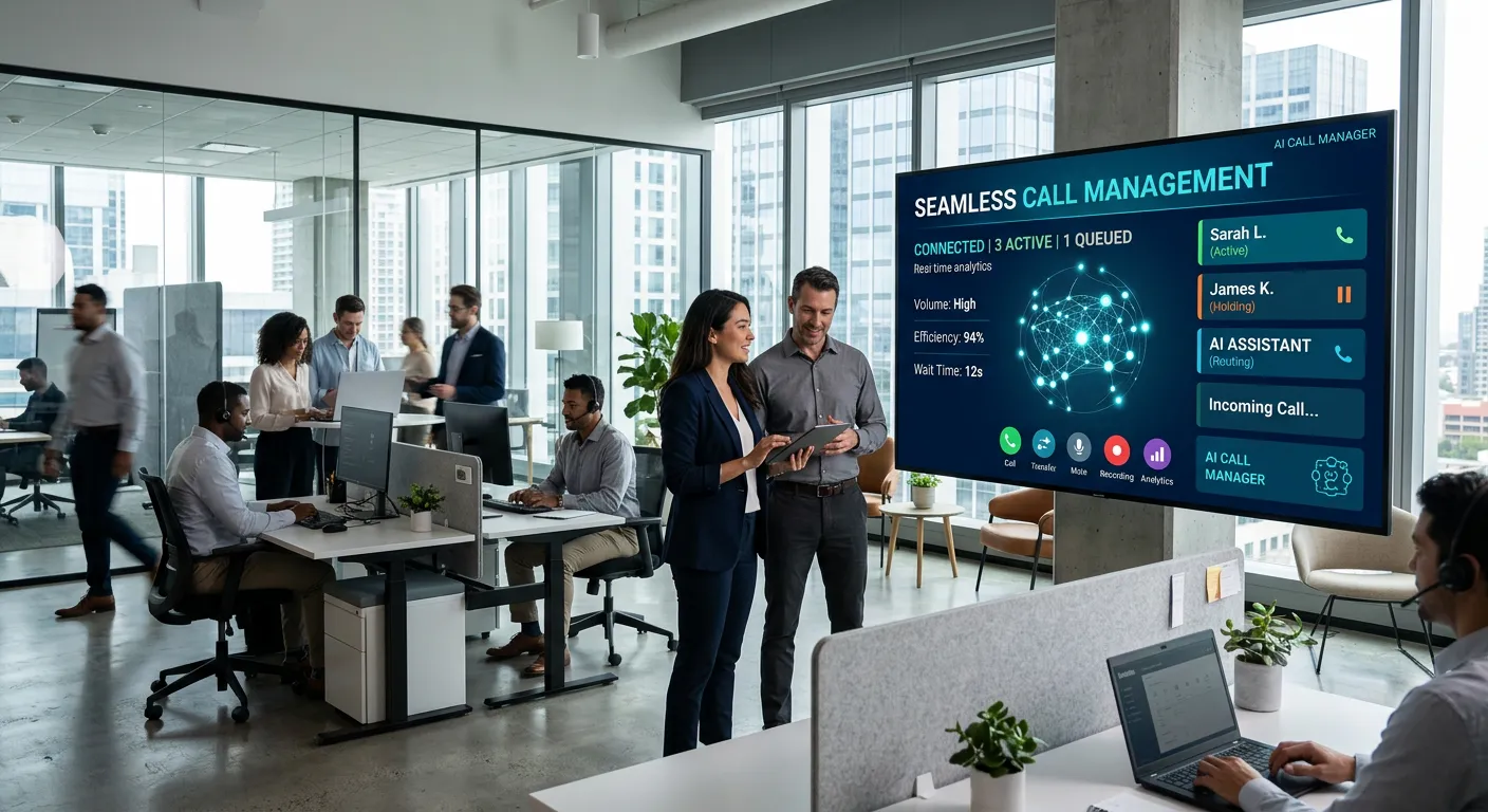 A modern, sleek business office environment with a glowing AI interface on a large screen, representing seamless call management. The mood is professional, innovative, and efficient.