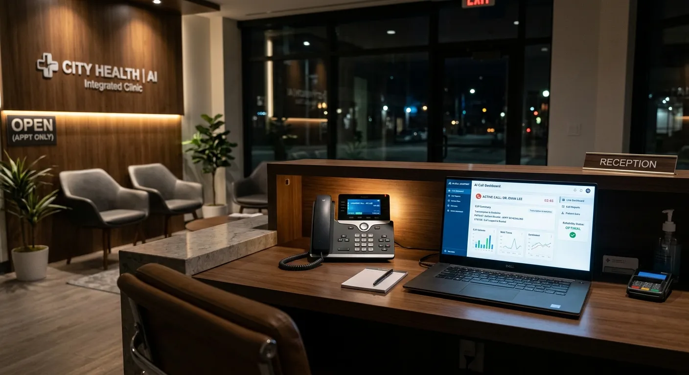A modern, clean medical clinic reception area at night, with a softly lit phone on the desk and a laptop screen showing an AI call dashboard, conveying reliability and advanced technology.