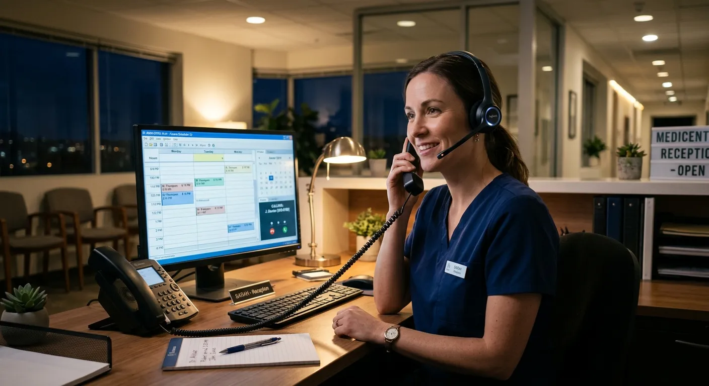 A professional, empathetic medical receptionist wearing a headset, speaking on the phone in a softly lit office environment at night. A computer screen with a patient scheduling interface is visible. Mood is calm, trustworthy, and reliable.