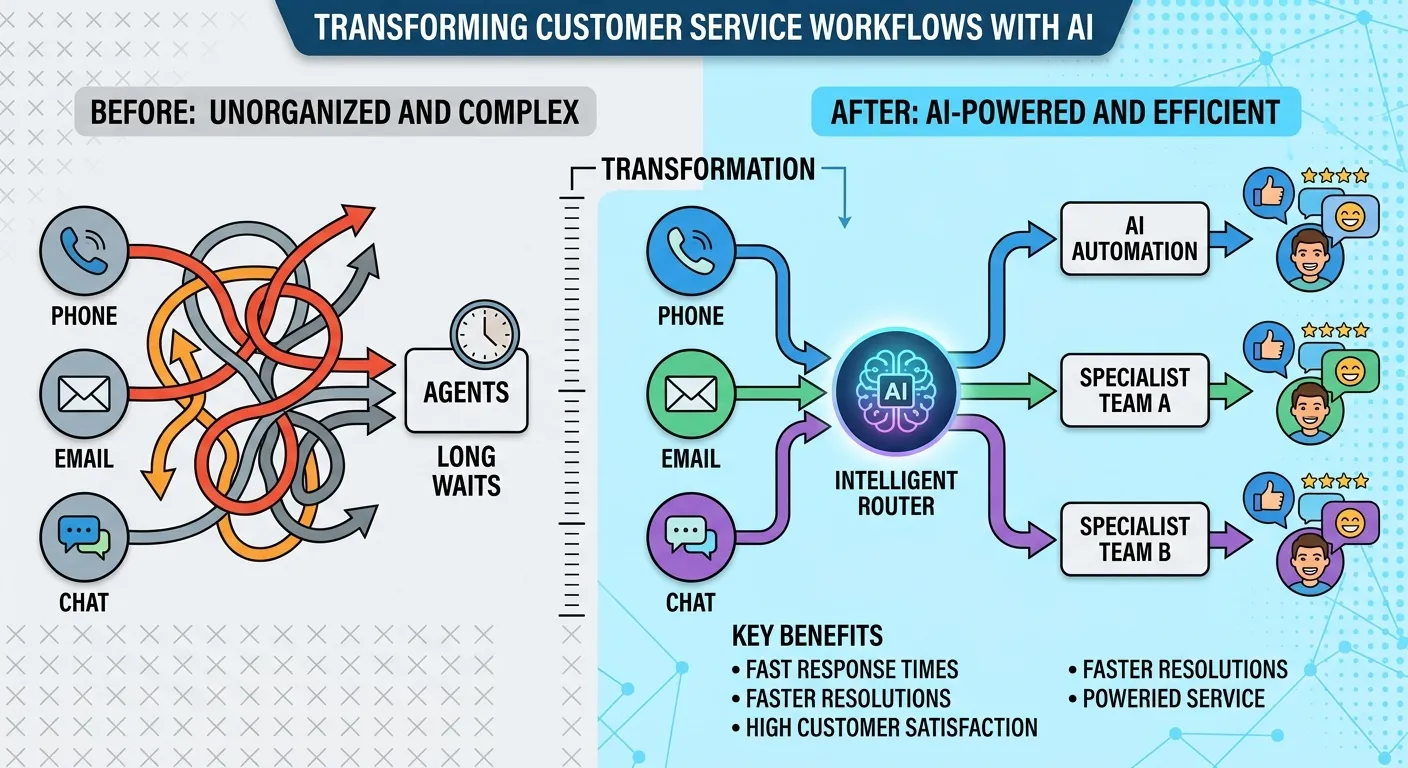 An infographic showing a before-and-after workflow diagram. The