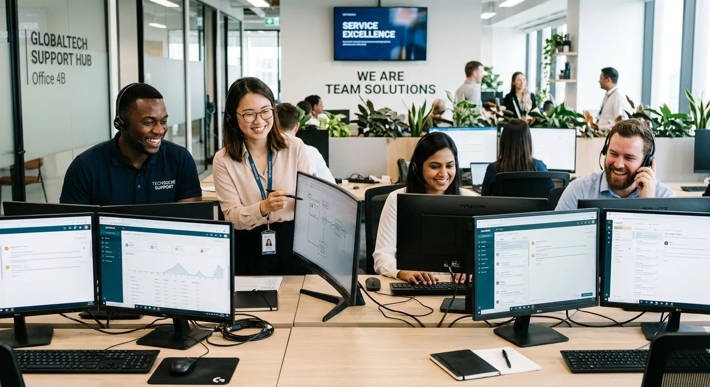 A professional, diverse team of help desk specialists smiling confidently in a modern office environment, working on multiple monitors, symbolizing collaborative tech support and career satisfaction.