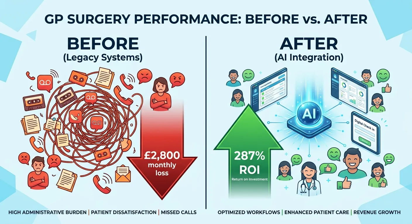 A graphic showing a before/after comparison chart for a GP surgery. The