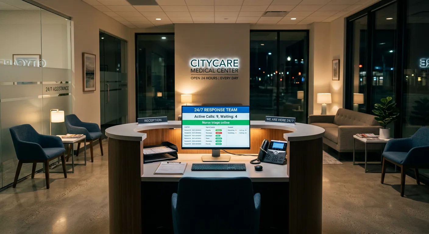 A modern, clean medical office reception area at night, with a soft glow from a computer screen showing a call dashboard. The mood is professional, calm, and reassuring, emphasizing 24/7 availability.