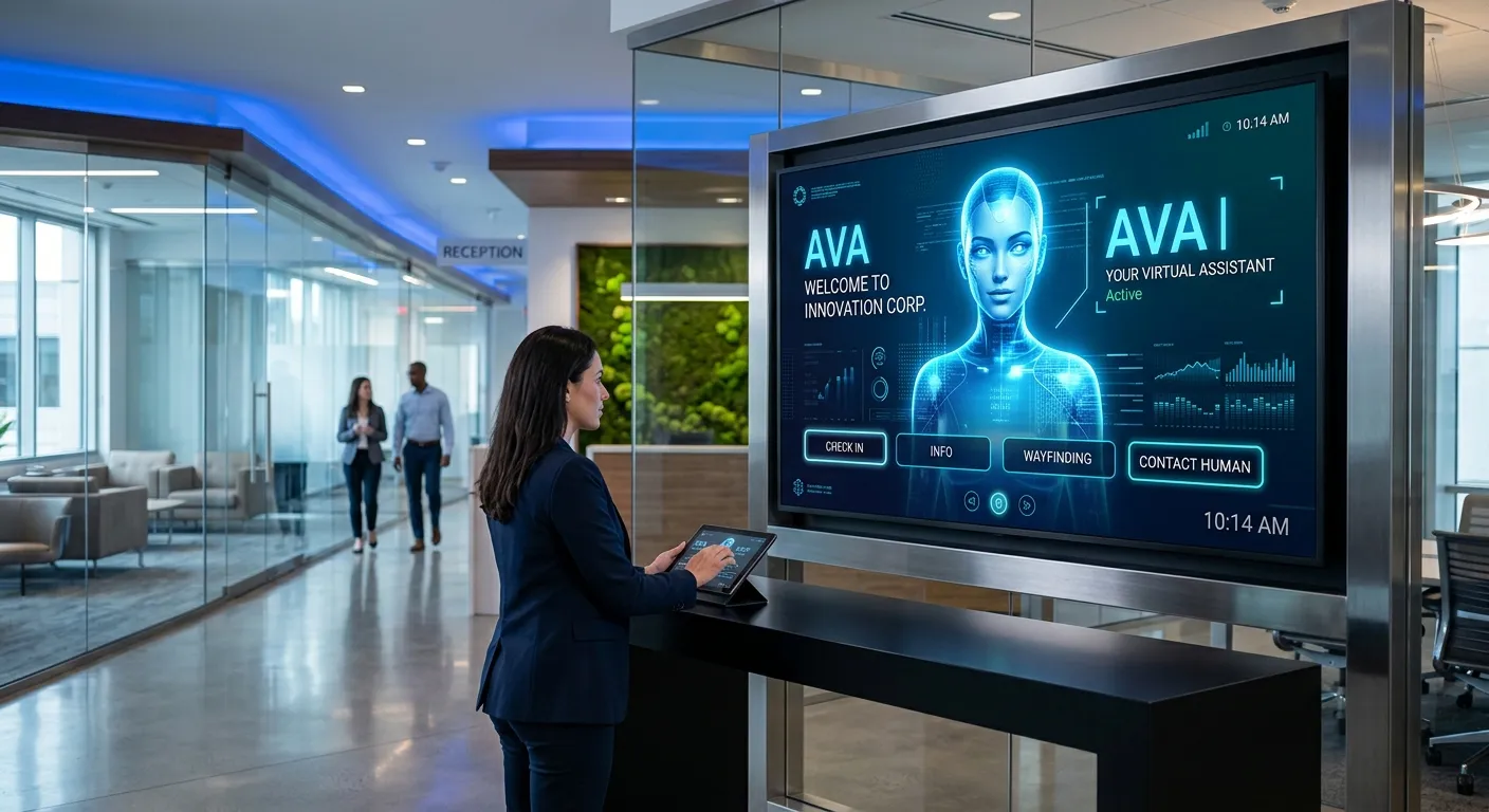 A modern, sleek office lobby with a glowing digital screen displaying an AI avatar interface, symbolizing a virtual receptionist. The style is futuristic yet professional, with a cool blue tone and sharp focus on the screen.