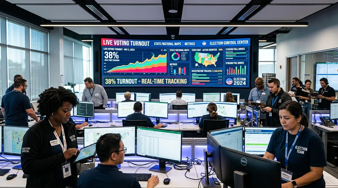 A dynamic, professional hero image showing a diverse group of focused election officials and volunteers in a modern operations center. Monitors display data dashboards and maps, with a central large screen showing a live, abstract representation of voting turnout. The mood is organized, urgent, and technologically advanced.