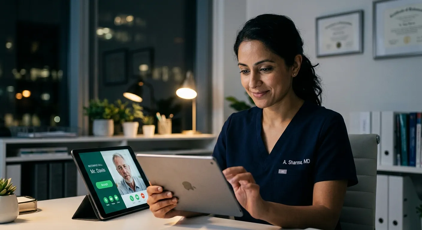 A modern, empathetic medical professional on a tablet in a softly lit office at night, with a call notification interface visible, symbolizing reliable after-hours patient communication.