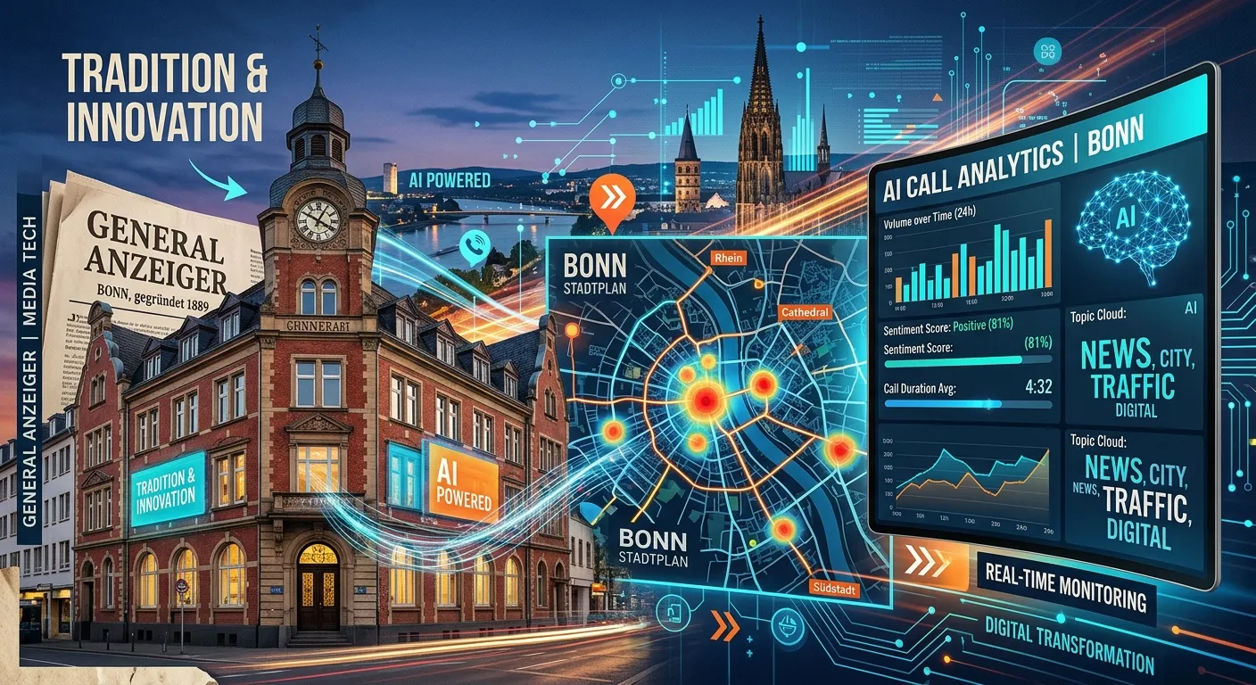 A dynamic, modern collage featuring the historic General Anzeiger Bonn newspaper building blended with digital screens showing AI call analytics and a map of Bonn, symbolizing the fusion of traditional media and modern tech.