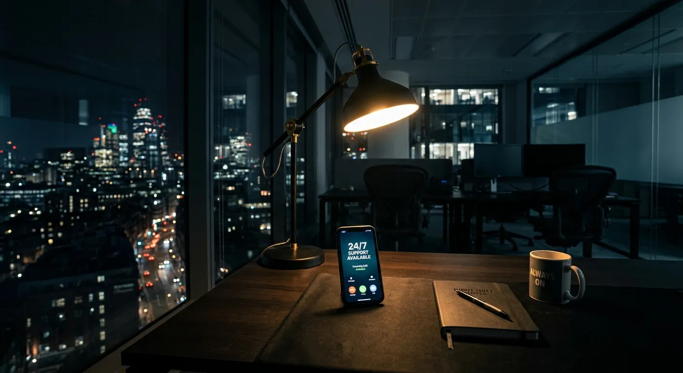 A modern, professional business office at night, with a glowing phone on a desk illuminated by a single desk lamp, symbolizing 24/7 availability. Moody, cinematic lighting.