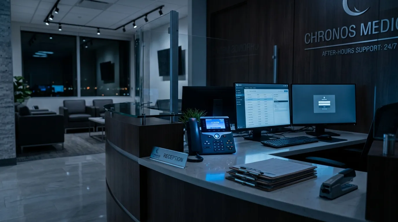 A modern, professional photograph of a doctor's office or clinic reception desk at night, with a phone glowing softly. The mood is calm, secure, and technologically advanced, with a slight blue tint to signify after-hours.