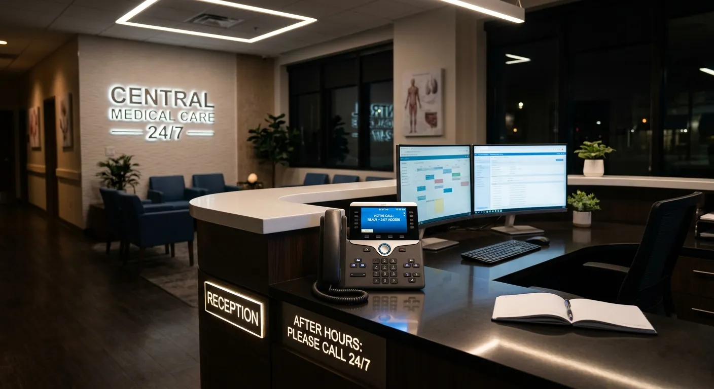 A modern, clean medical office reception desk at night with a softly glowing phone, symbolizing 24/7... A modern, clean medical office reception desk at night with a softly glowing phone, symbolizing 24/7 availability. Style: professional, serene, with a focus on technology and care.