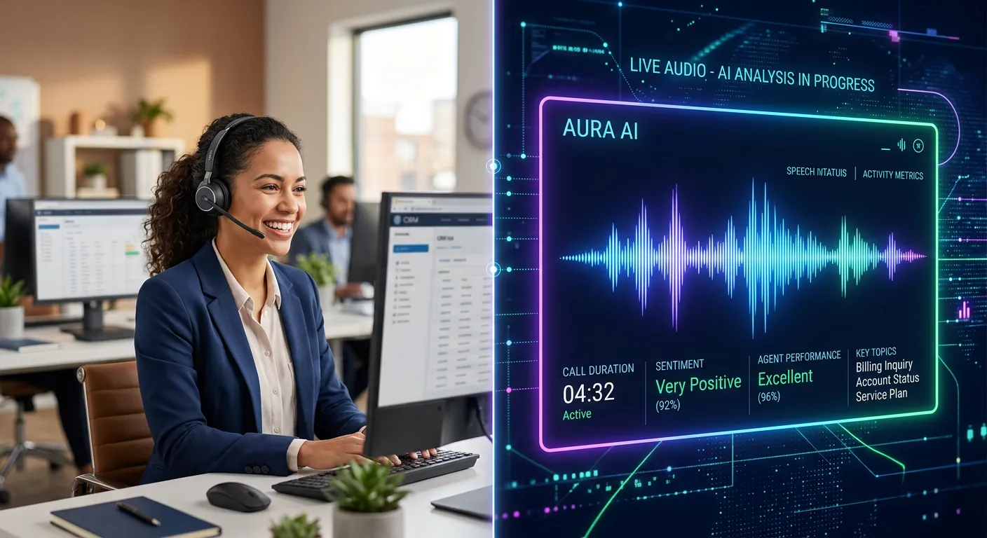 A modern, split-screen image. Left side shows a professional human agent with a headset smiling, right side shows a glowing, futuristic AI interface with call metrics and waveforms. The mood is collaborative, efficient, and high-tech.