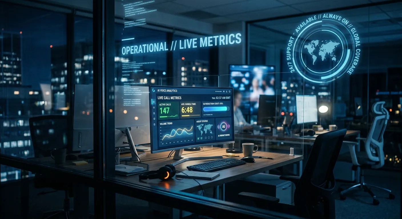 A modern, professional office scene at night, viewed from outside a large window. Inside, a computer monitor glows with a sleek AI interface dashboard showing live call metrics. The scene is dark and blue-tinted, symbolizing after-hours operation, with a