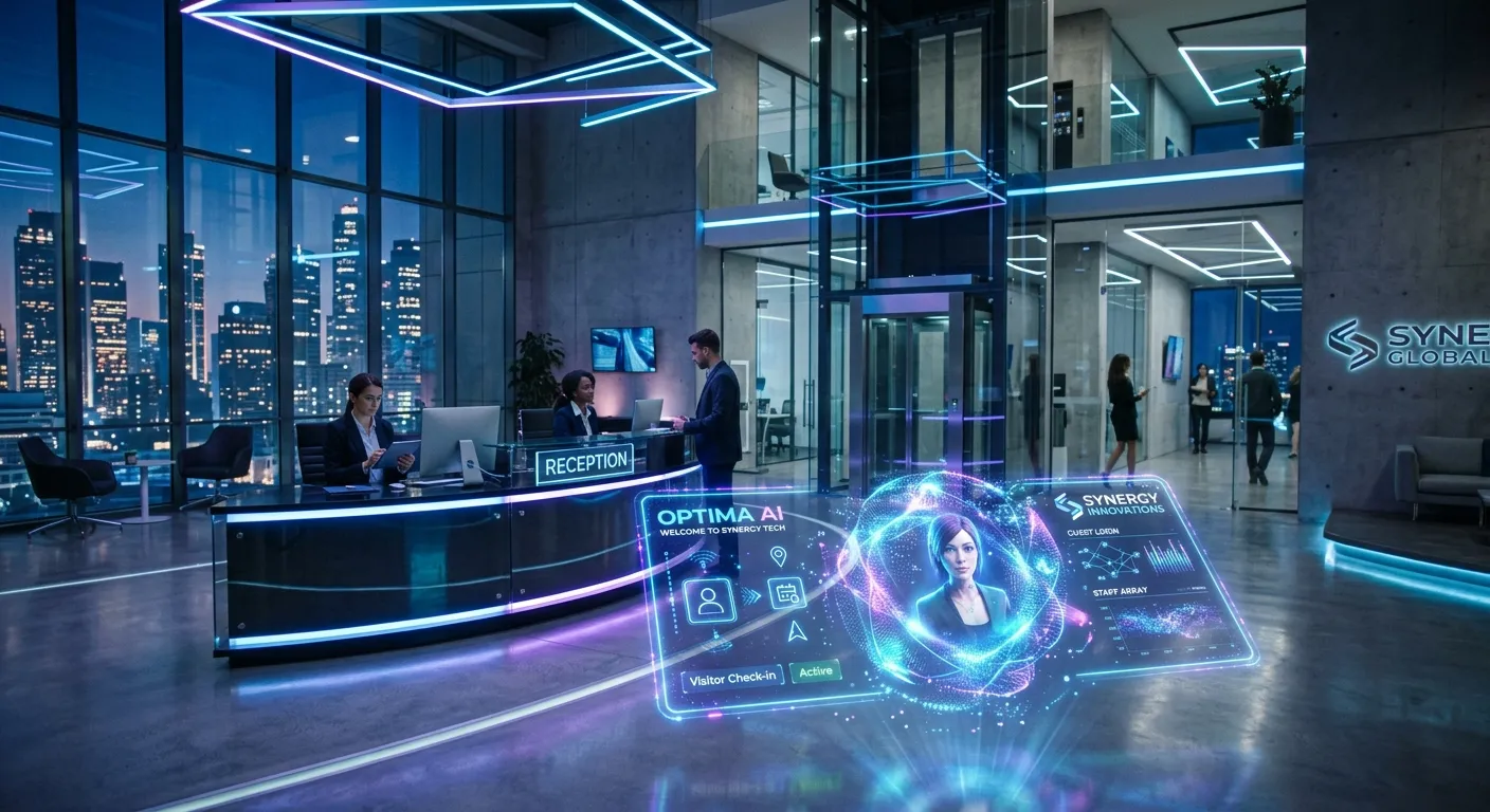 Modern, sleek office reception area with a glowing holographic AI assistant interface floating in the foreground. The style is futuristic tech, with blue and purple neon accents, conveying efficiency and innovation.
