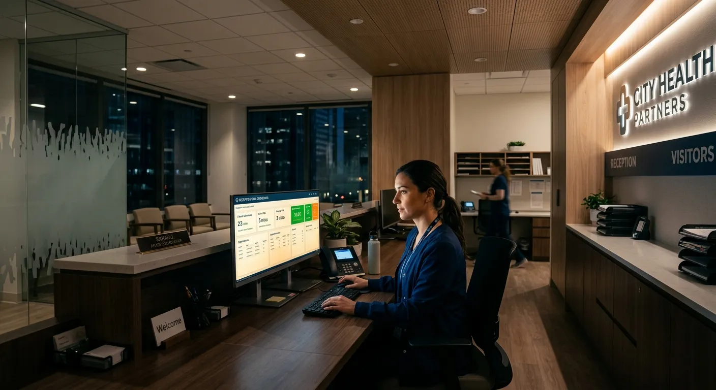 A modern, professional medical reception area at night, with a soft glow from a computer screen displaying a call dashboard. The mood is calm, efficient, and trustworthy.