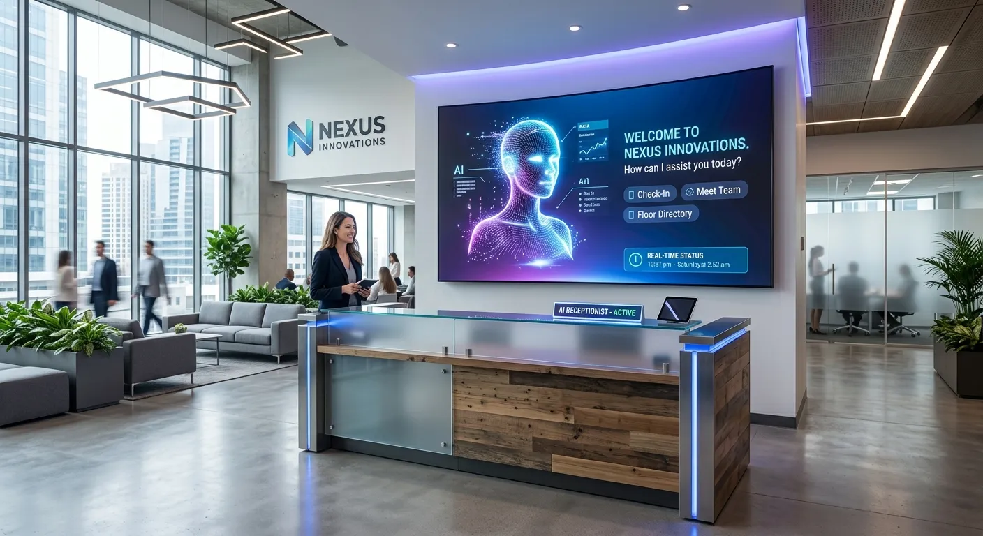 A modern, high-tech office reception area with a glowing, futuristic AI interface on a screen, symbolizing an optimized AI receptionist. Professional, sleek, and bright style.