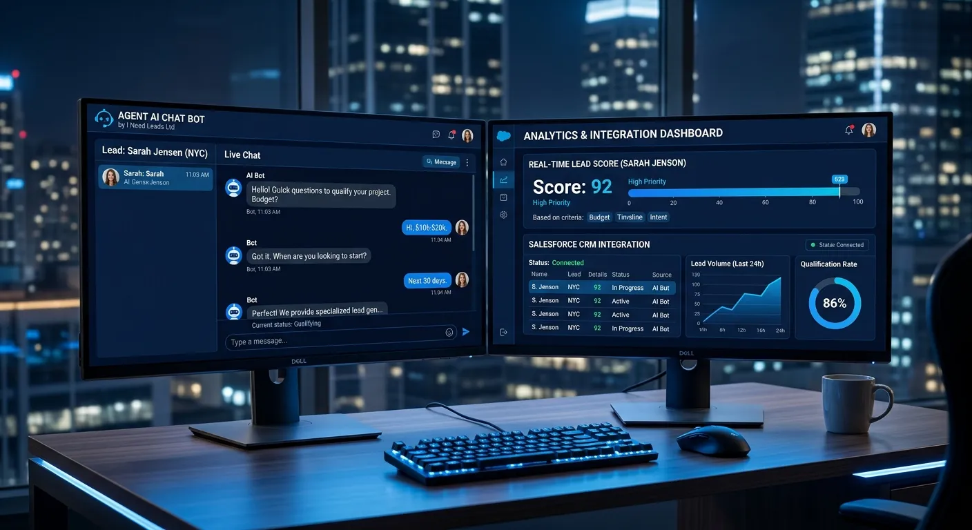 A modern, sleek dashboard interface on a dual-monitor setup showing the Agent AI Chat Bot by I Need Leads Ltd in action. On one screen, a live chat conversation with a lead is visible, showing qualification questions. On the other screen, analytics display real-time lead scores and integration with a CRM like Salesforce. The mood is professional, futuristic, and efficient, with a blue and white color scheme.