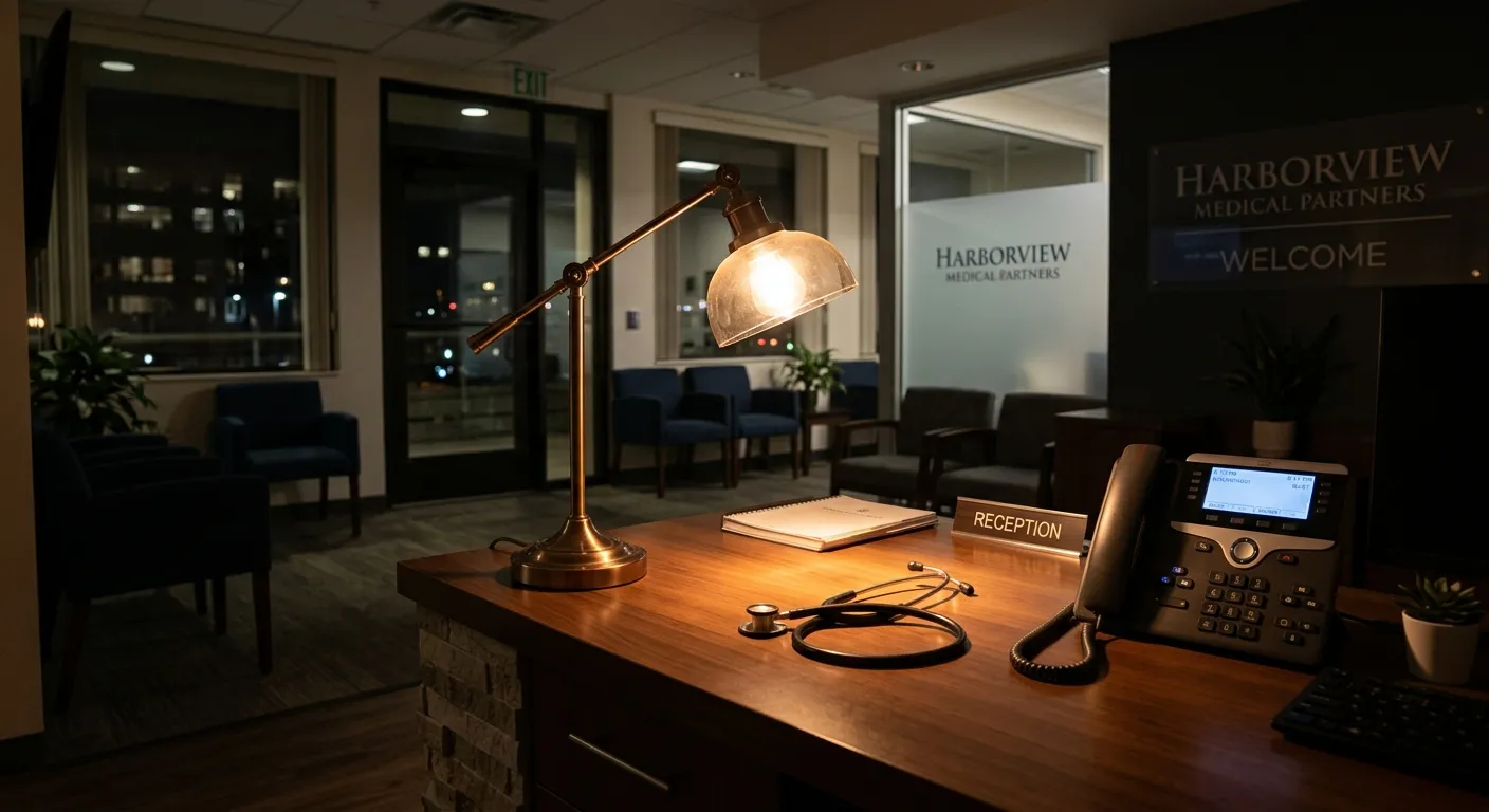 A modern, professional medical office reception area at night, with a soft glow from a desk lamp ill... A modern, professional medical office reception area at night, with a soft glow from a desk lamp illuminating a stethoscope and a phone. The mood is calm, secure, and trustworthy.
