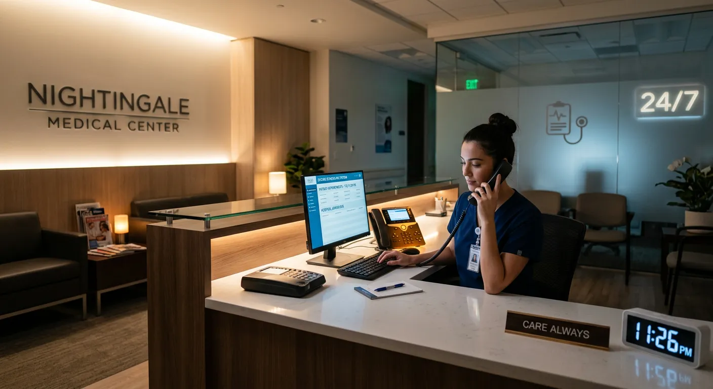 A modern, well-lit medical reception desk at night, with a phone softly illuminated. The image conveys professionalism, calm, and 24/7 availability. Style: Professional healthcare photography with a focus on technology and care.