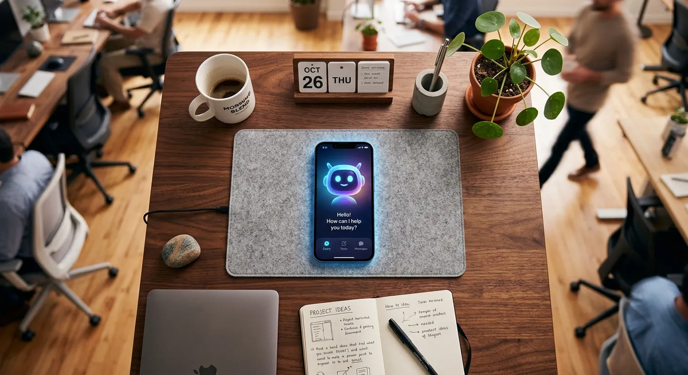 A modern, sleek office scene viewed from above. A smartphone sits in the center of a desk, its screen glowing with a friendly AI avatar interface. The background is softly blurred, featuring other business elements like a calendar, plant, and notebook, with warm, professional lighting.