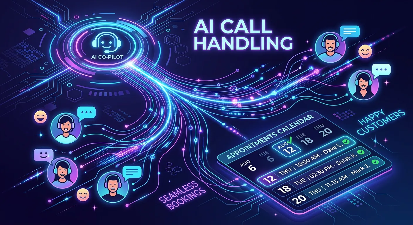 Modern, abstract graphic showing a sleek AI interface with flowing data lines connecting to happy customer icons and a calendar with confirmed appointments, symbolizing seamless AI call handling. Dark background with blue and purple accents.