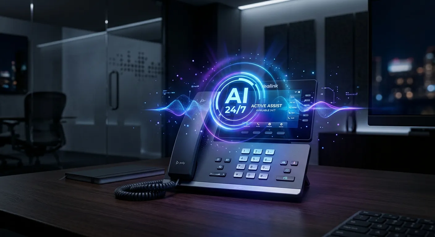 A modern, clean office phone with a glowing AI interface overlay, symbolizing 24/7 availability. The image is dark-toned with blue and purple highlights to complement the hero section's gradient.