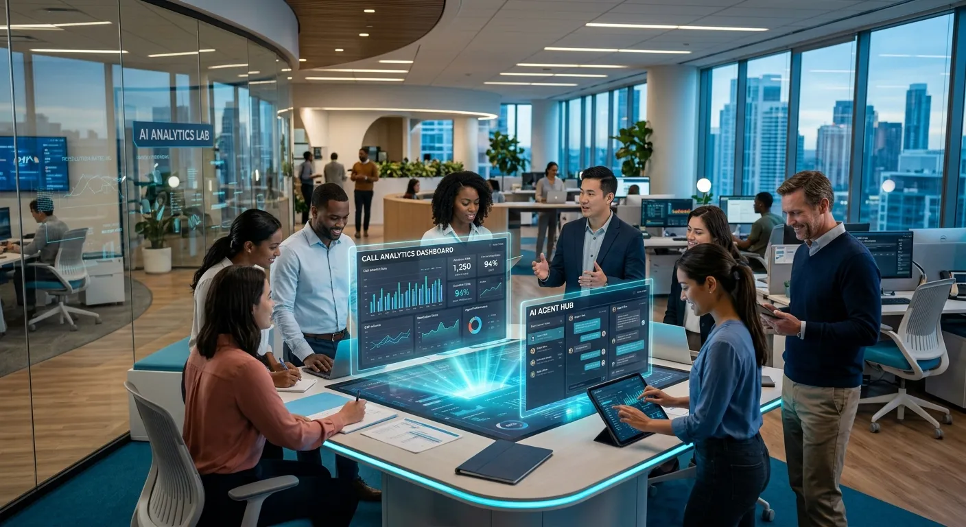 A modern, futuristic office scene with holographic displays showing call analytics, AI agent interfaces, and a diverse team collaborating. Style is professional, clean, and tech-forward with a blue/cyan color scheme.