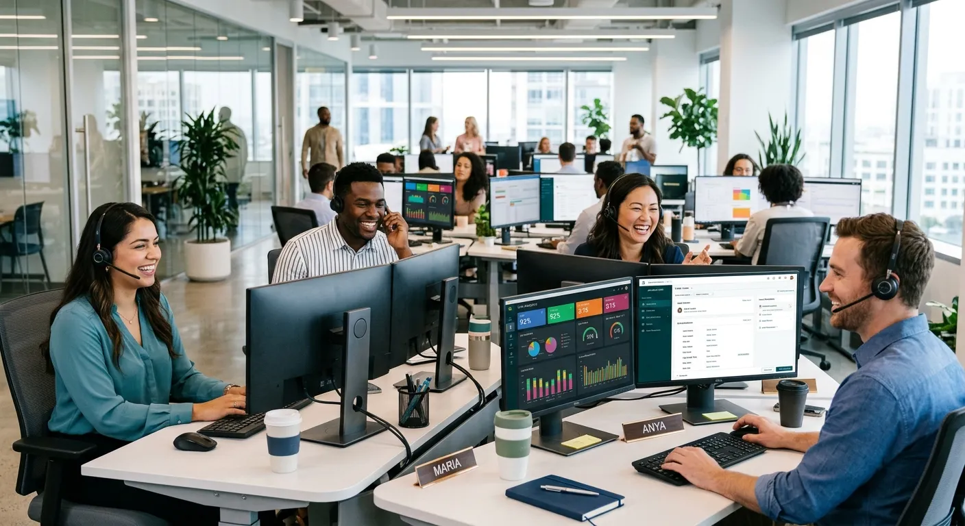 A modern, diverse team of contact center professionals in a bright, high-tech office, smiling and wearing headsets, with multiple monitors displaying analytics dashboards. Professional and energetic mood.