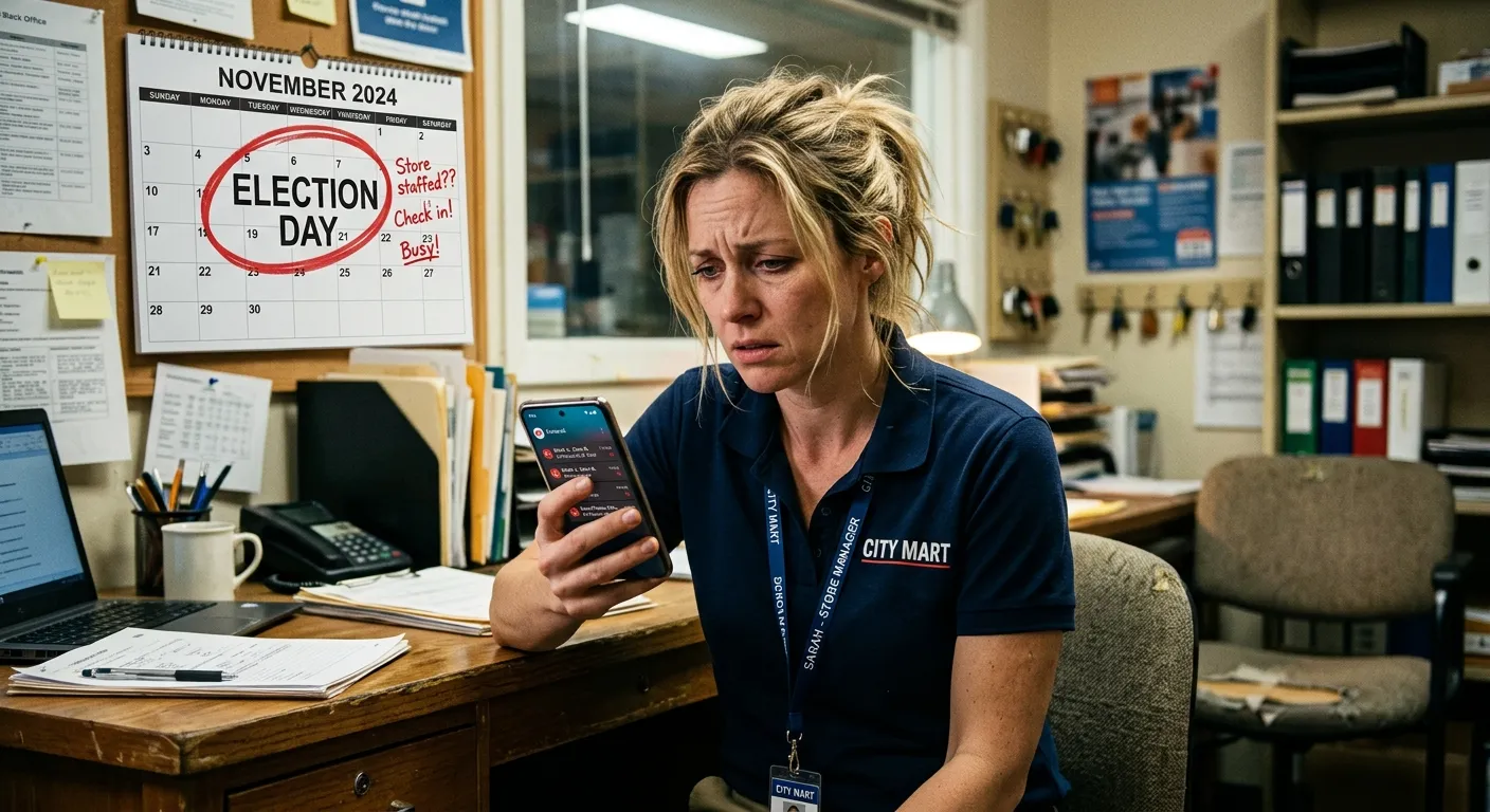 A stressed-looking retail manager looking at a phone with multiple missed call notifications, a calendar marked