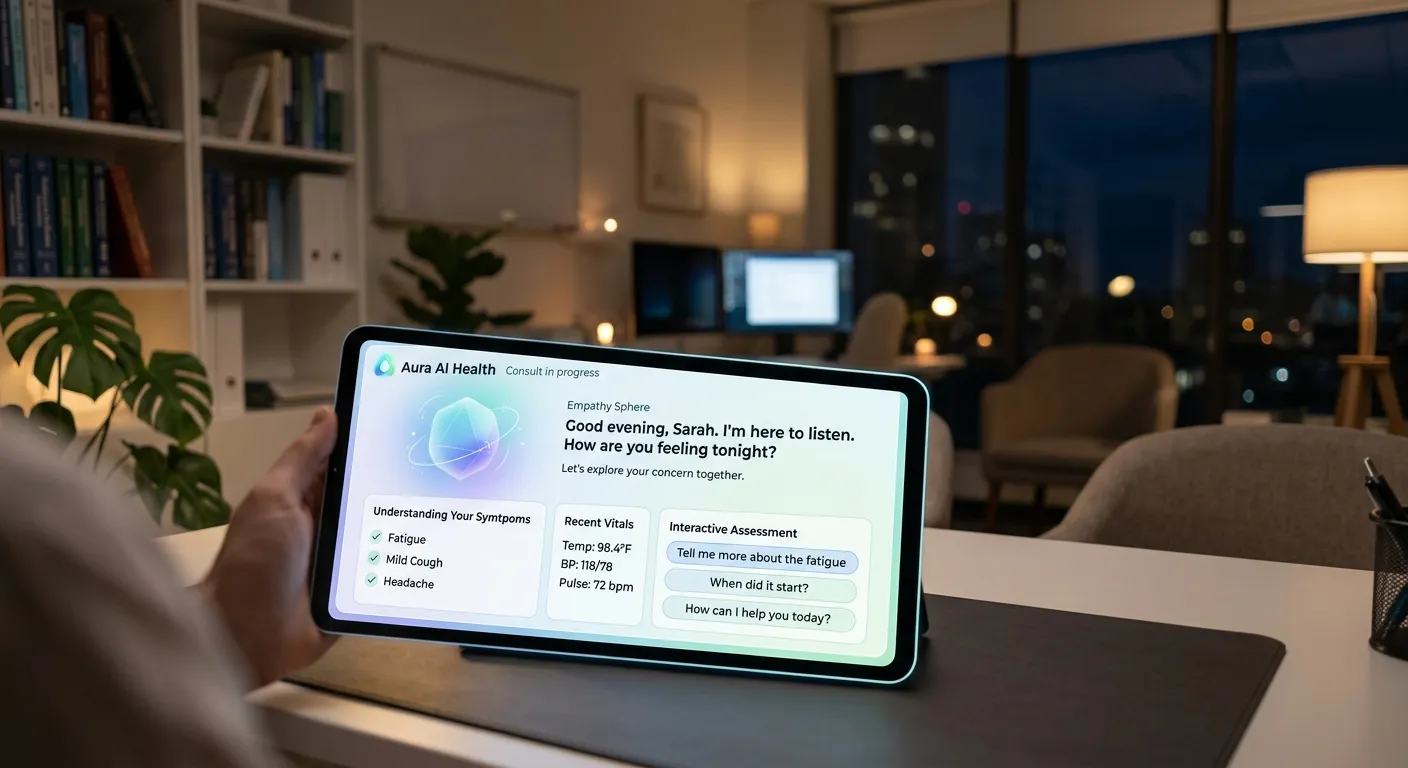 A modern, empathetic AI interface on a tablet screen, superimposed over a blurred background of a ca... A modern, empathetic AI interface on a tablet screen, superimposed over a blurred background of a calm, well-lit medical office at night. Style: Professional, trustworthy, and technologically advanced.