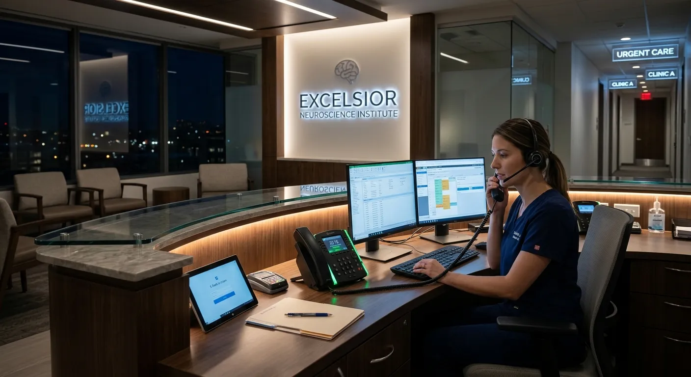 A modern, well-lit medical office reception desk at night, with a phone glowing softly. The image conveys professionalism, urgency, and seamless technology integration. Style: professional healthcare photography, mood: calm, reliable, and technologically advanced.