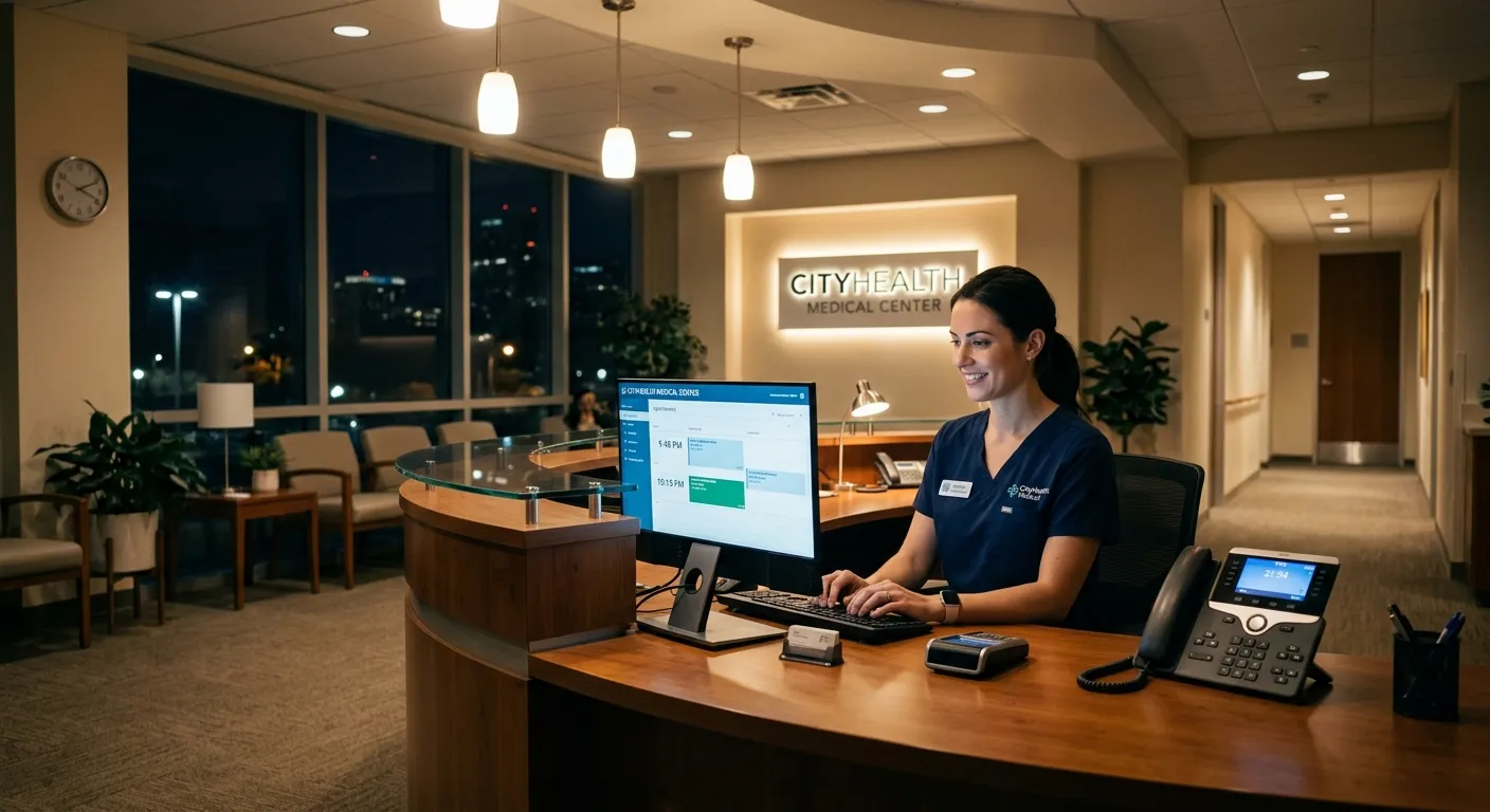 A modern, warmly lit medical clinic reception desk at night, with a computer screen glowing and a ph... A modern, warmly lit medical clinic reception desk at night, with a computer screen glowing and a phone on the desk. The atmosphere is calm, professional, and secure, symbolizing 24/7 availability.