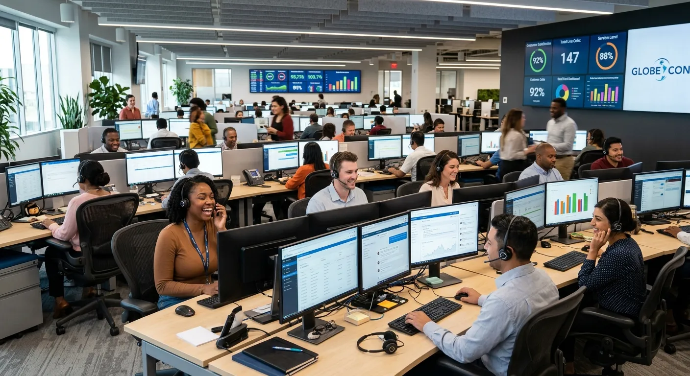 A modern, dynamic call center floor with a diverse team of agents wearing headsets, smiling and working at multi-monitor workstations. The atmosphere is professional and energetic, with data visualizations on screens in the background.