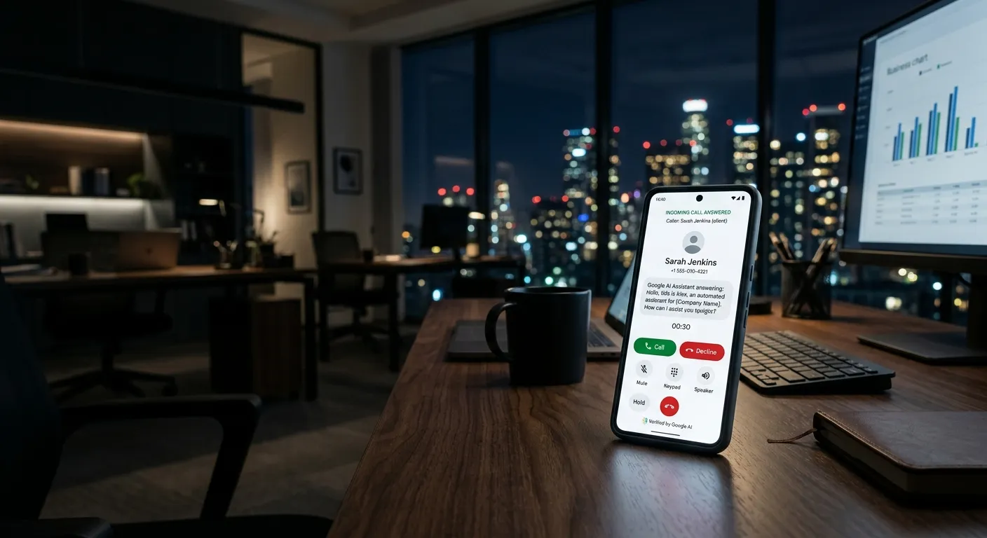 A modern, professional business office at night with a smartphone screen illuminated, showing an AI call interface answering a call. Style is crisp, digital, with a focus on technology and reliability.