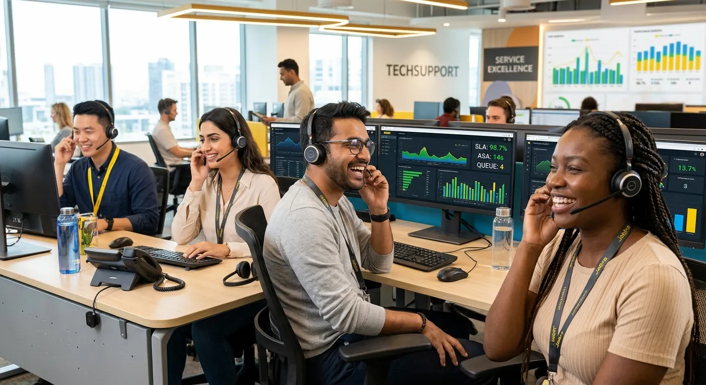 A professional, dynamic image showing a diverse team of customer service agents in a modern contact... A professional, dynamic image showing a diverse team of customer service agents in a modern contact center, smiling and wearing headsets, with multiple screens displaying analytics dashboards. Style: Bright, optimistic, and high-tech.