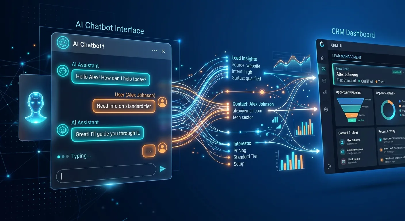A modern, dynamic 3D render of a sophisticated AI chatbot interface with glowing conversation threads and lead data visualizations flowing into a CRM dashboard, set on a dark blue gradient background