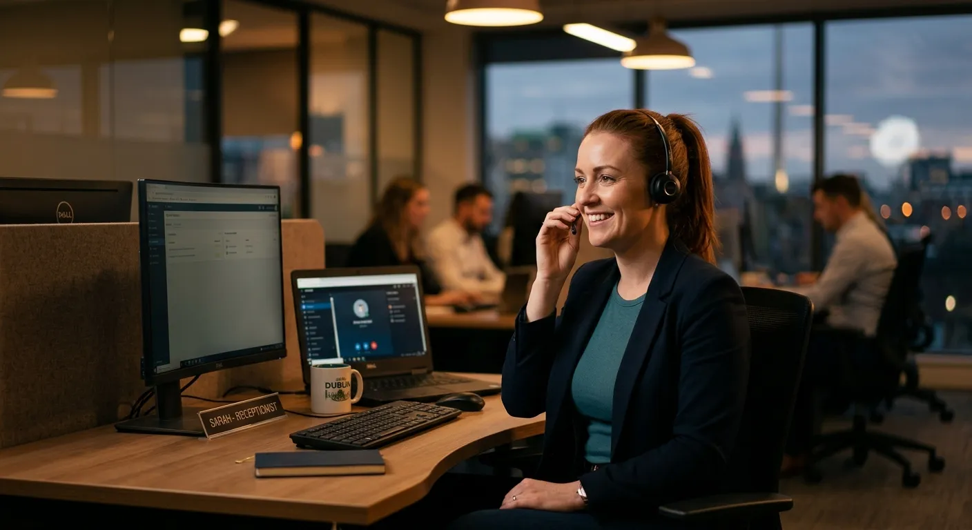A modern, professional office in Dublin with a blurred background focusing on a person wearing a hea... A modern, professional office in Dublin with a blurred background focusing on a person wearing a headset, smiling, representing a professional Irish call answering service agent. Moody, professional lighting.