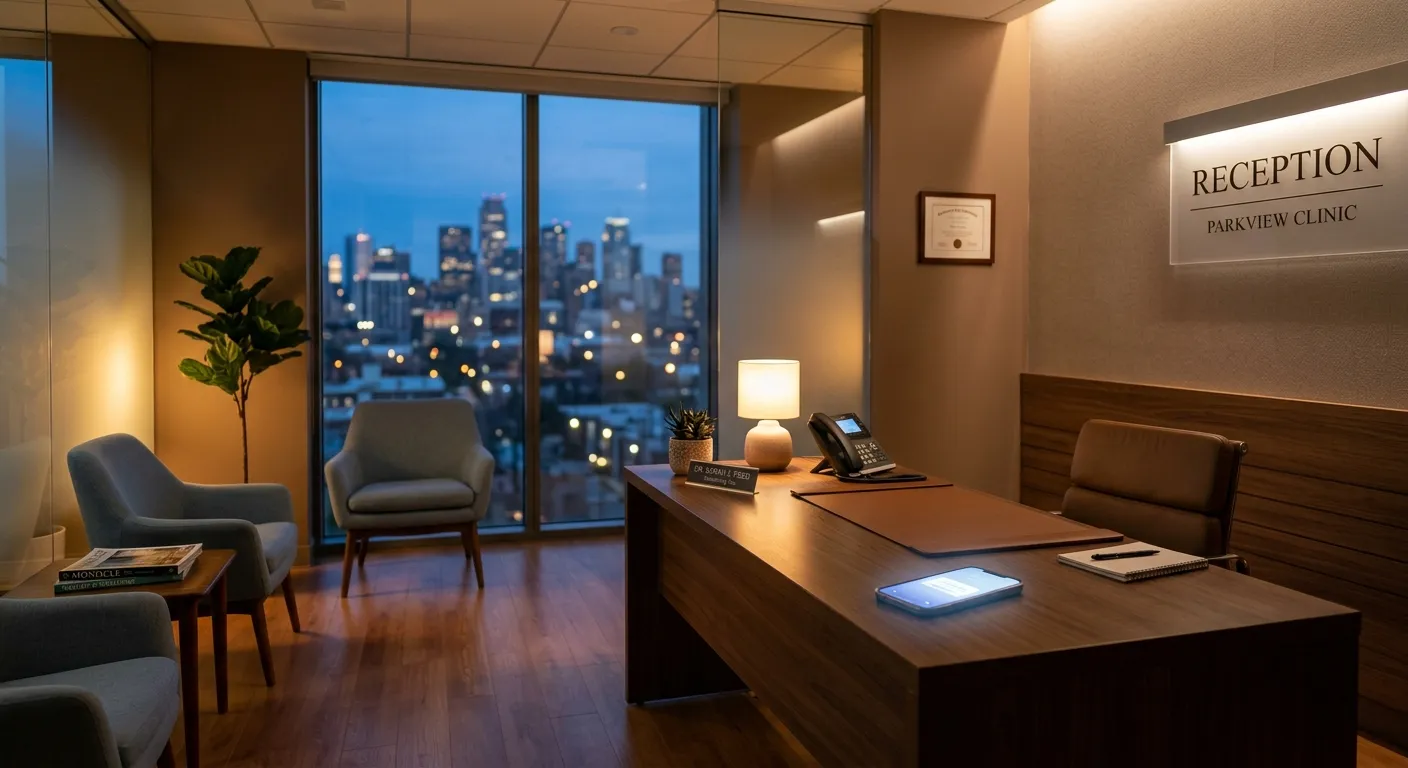 A modern, serene doctor's office reception area at dusk, with a softly glowing phone on the desk and a blurred cityscape through the window. The mood is professional, calm, and trustworthy.