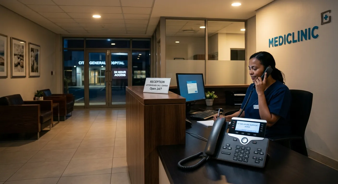 A modern, well-lit medical reception desk at night, with a phone prominently displayed. The atmosphere is calm, professional, and secure, symbolizing reliable after-hours communication.