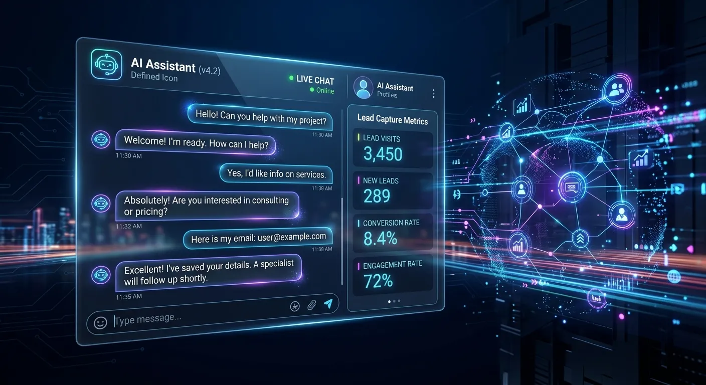 Modern, sleek 3D render of an advanced AI chatbot interface with glowing nodes and data streams, overlaid on a dark blue gradient background. The style is futuristic and professional, showing conversation bubbles and lead capture metrics.